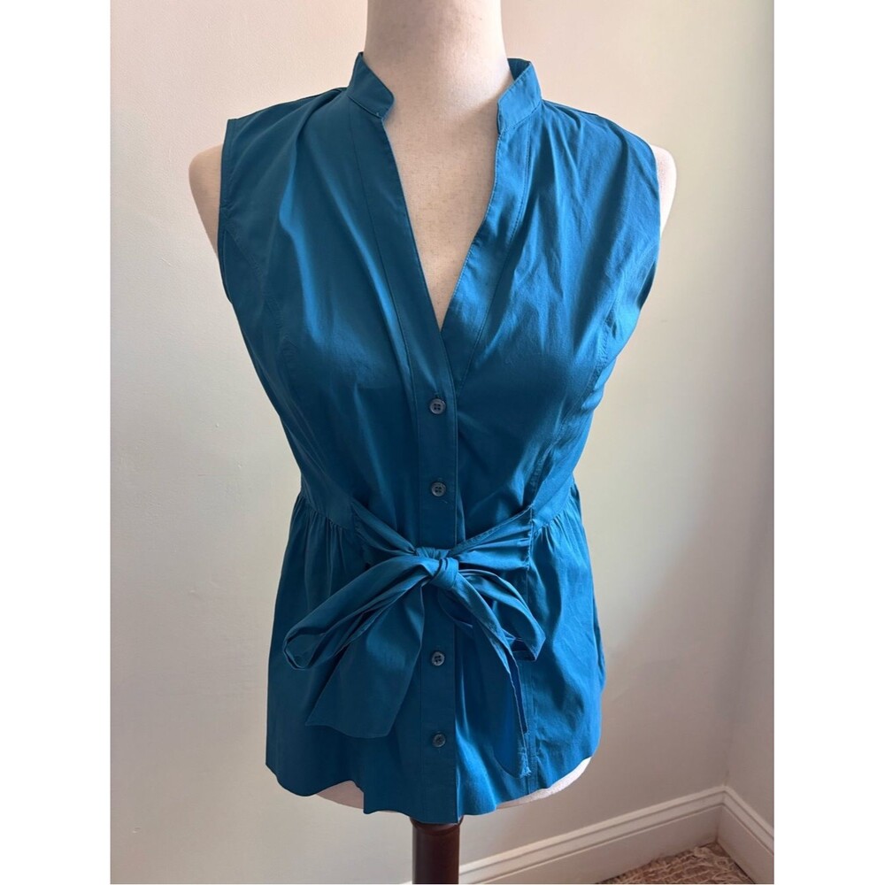 Alfani Petite Sleeveless Tie Waist Blouse Blue Stretch Cotton Button Front 6P